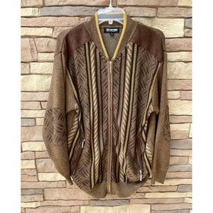STACY ADAMS CABLE KNIT SWEATER CARDIGAN JACKET ZIP BROWN TAN PRINT LARGE HEAVY